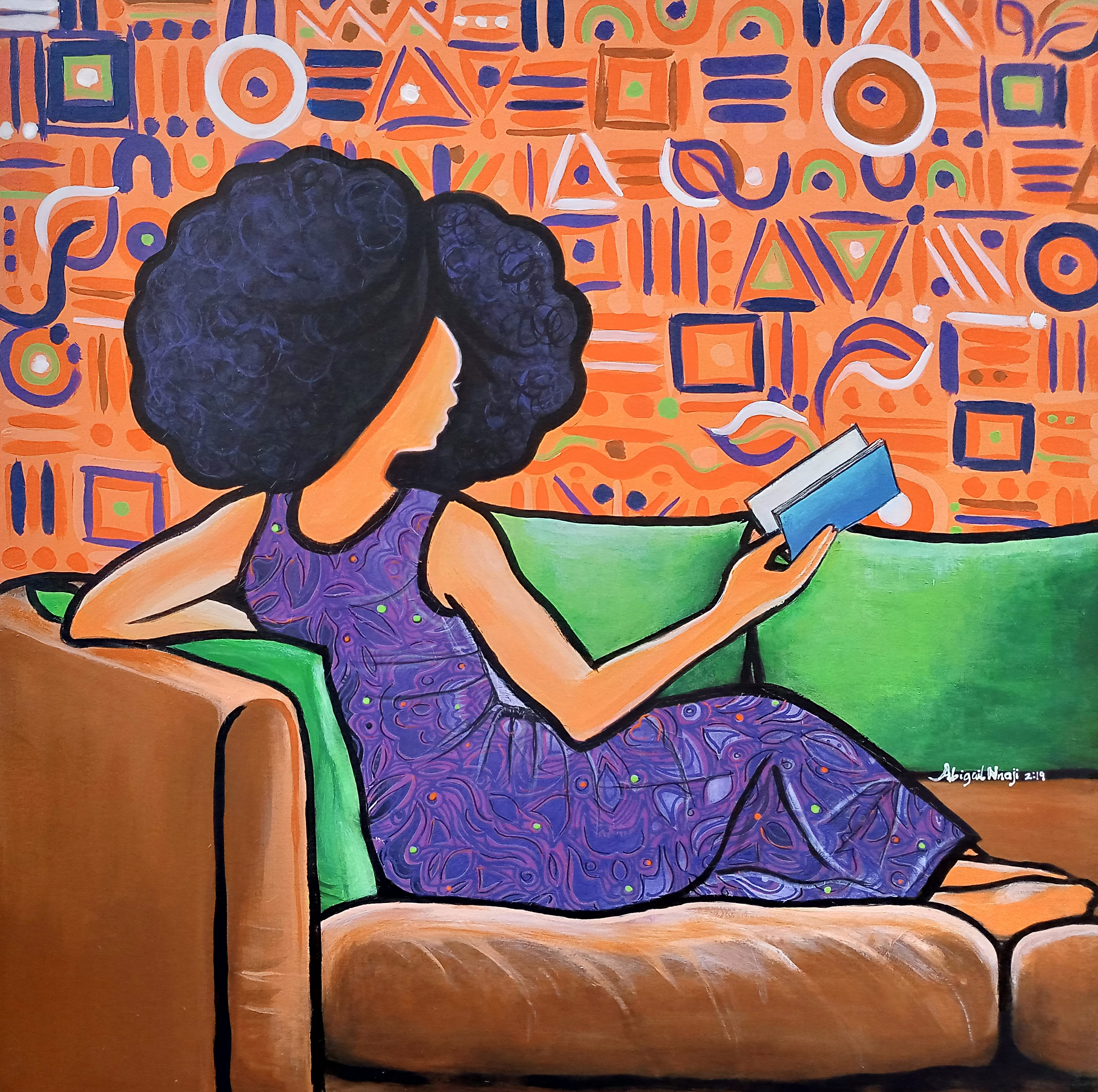 Abigail Nnaji, "Blue Book", acrylic and paper on canvas, 92 x 92cm, c. 2019. This is the story of