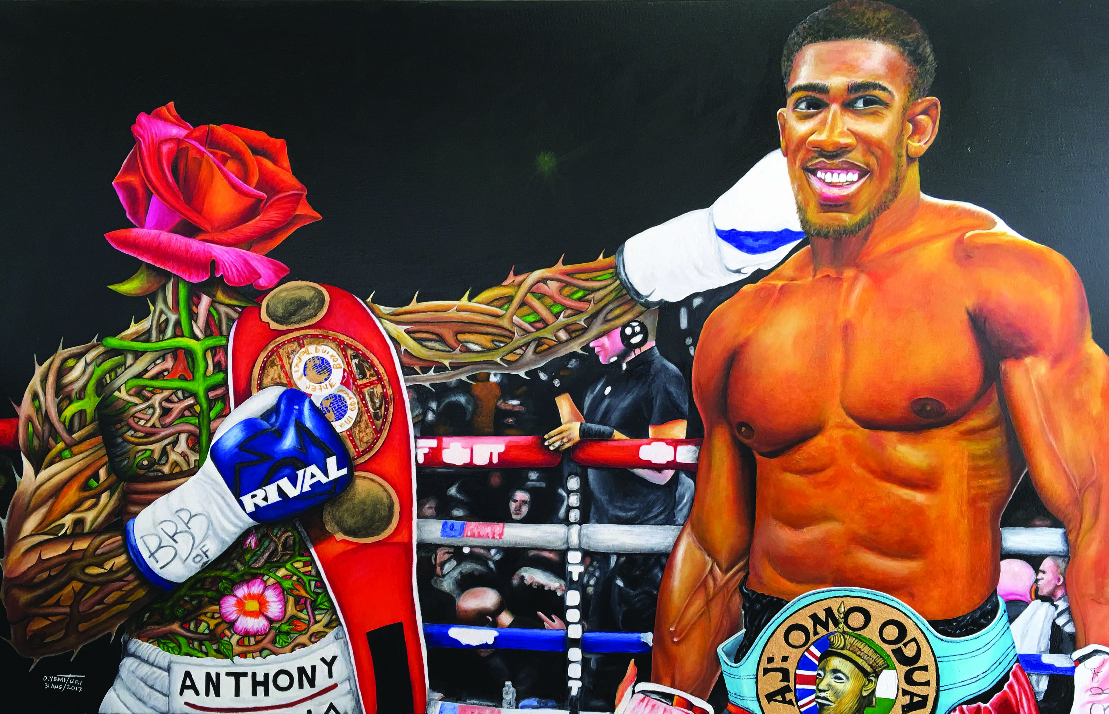 O Yemi Tubi, "AJ Omo Oduduwa: The World Champion", oil on canvas, 120 x 76cm, c. 2017. This painting