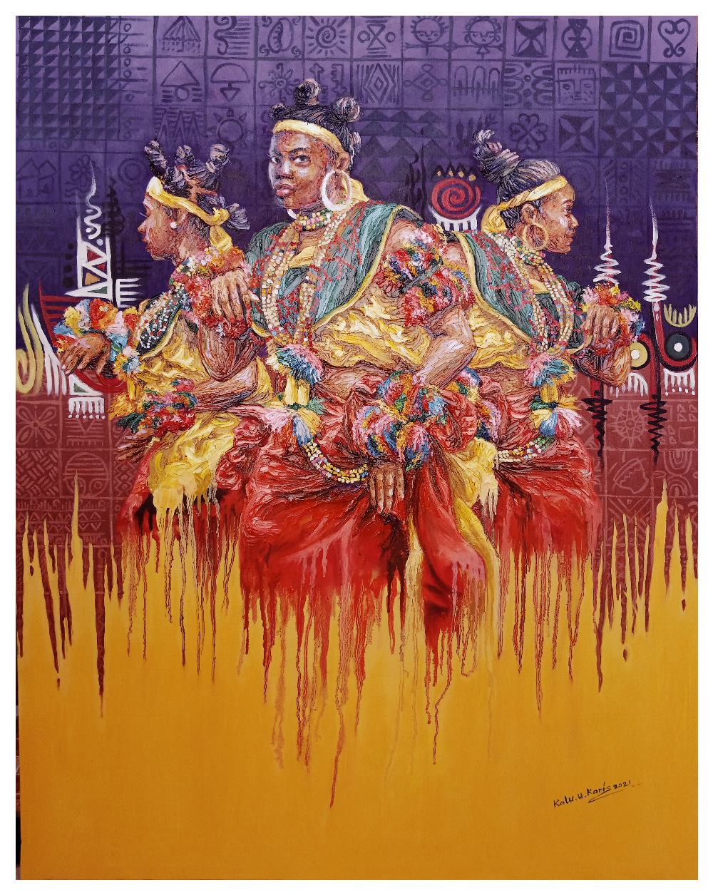 Kalu Uche Karis, "Efik Maidens", acrylic and oil on stretched canvas, 117 x92cm, c. 2021. About