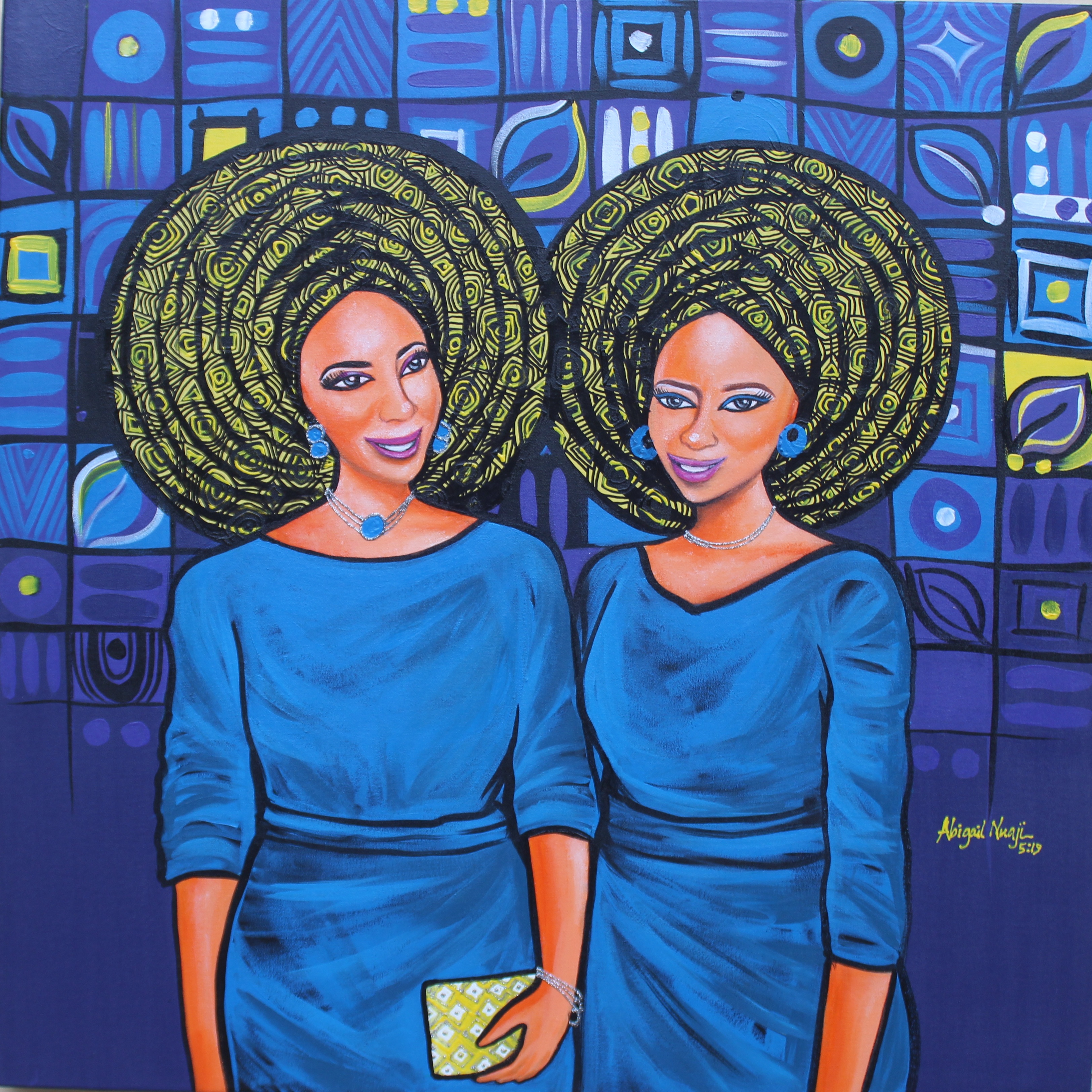 Abigail Nnaji, "Asoebi III (Gele Series)", acrylic and paper on canvas, 92 x 92cm, c. 2019. It’s a