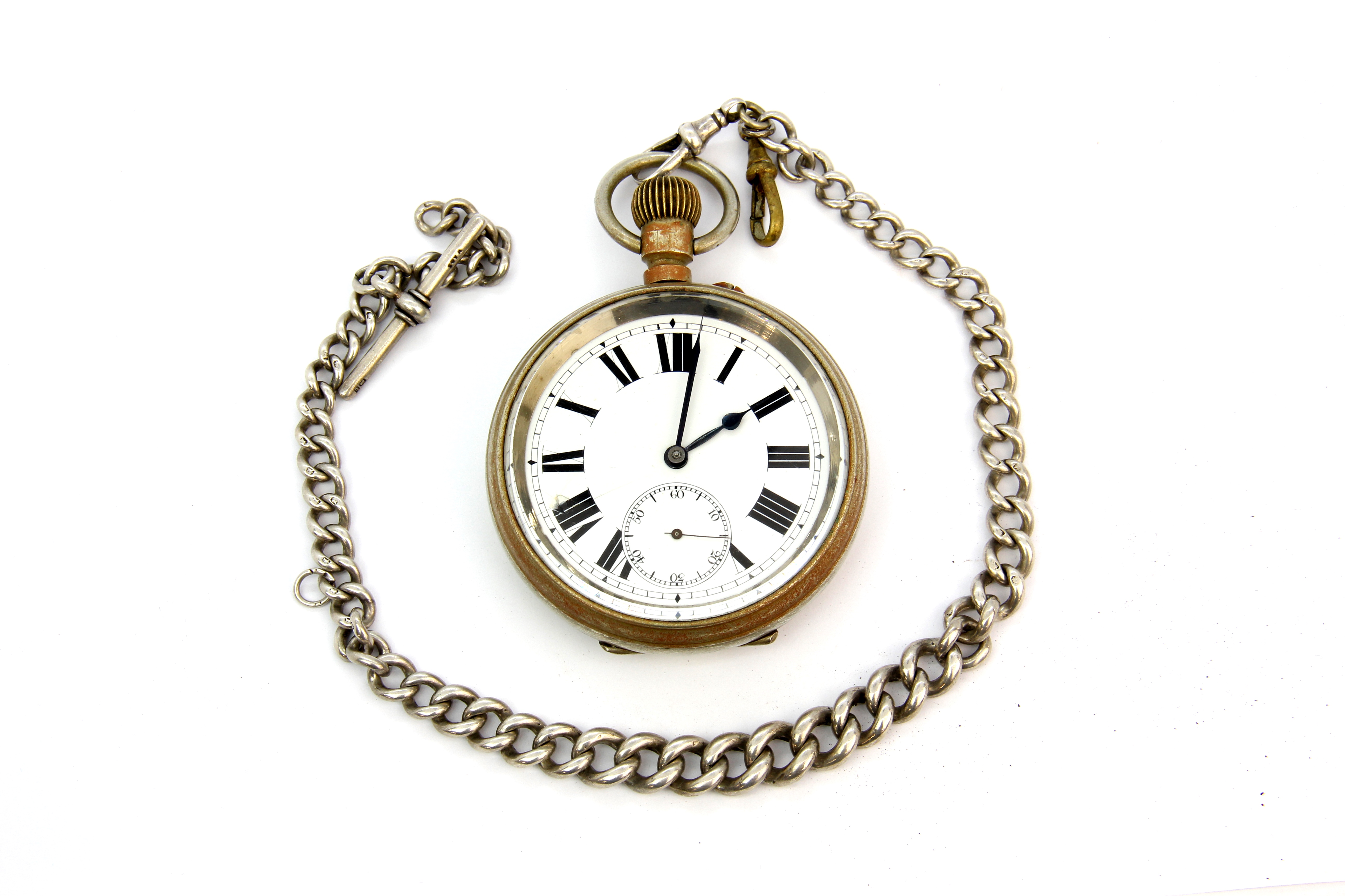 A Goliath pocket watch with a hallmarked silver chain, understood to be in working order. - Image 2 of 3