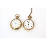 Two ladies gold plated fob watches and one chain, understood to be in working order.