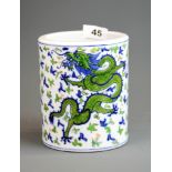 A Chinese hand painted porcelain brush pot decorated with underglaze blue/green and overglazed red