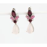 A pair of 925 silver drop earrings set with pear cut rose quartz, rodolite garnets and rubies, L.