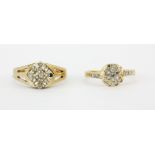 An early 9ct yellow gold diamond set cluster ring, together with a further 9ct gold diamond set