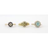 A 9ct yellow gold sapphire and diamond set cluster ring, together with two 9ct stone set cluster