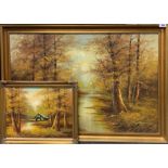 A large gilt framed oil on canvas forest scene, 69 x 99cm, together with a smaller similar