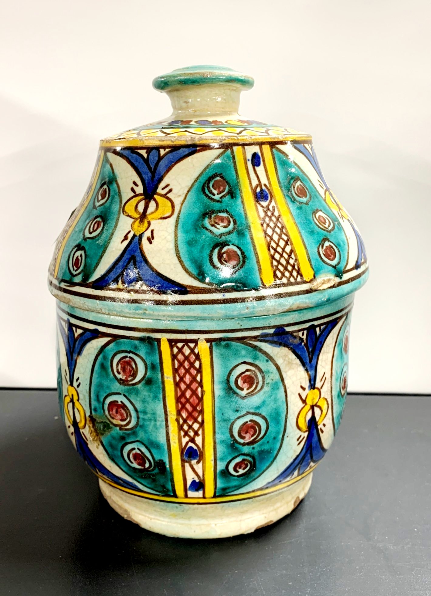 A Moroccan hand painted pottery jar and cover, H. 20cm. - Image 2 of 2