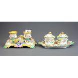 Two early 19th Century Coalbrookdale porcelain ink wells, 19 x 12 x 9cm.