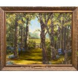 A large gilt framed oil on canvas of a forest scene by a Cornish artist Mawnan Smith, 84 x 105cm.