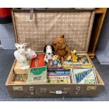 A large vintage suitcase with toy, game and jigsaw puzzle contents.