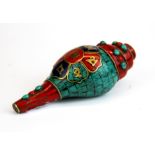 A Tibetan mosaic decorated conch shell trumpet. Conch shell L. 15cm.