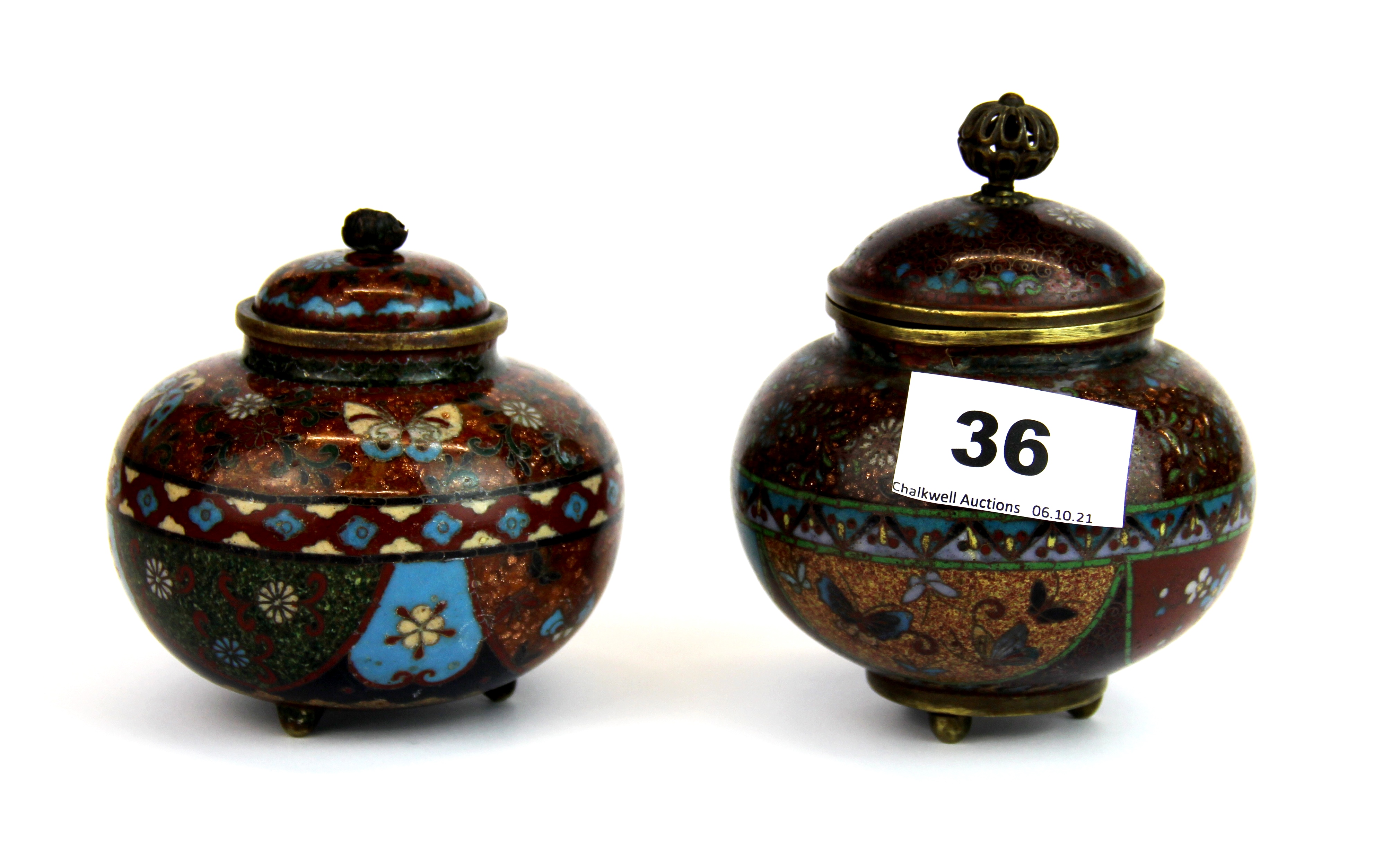 Two 19th Century Japanese Meiji period (1868-1912) cloisonne bowls and covers, tallest 11cm.