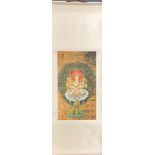 A Chinese silk mounted scroll of a multi armed female Deity, 52 x 141cm.
