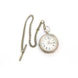A pretty ladies silver fob watch, 0.935 quality with white metal chain and a selection of keys.