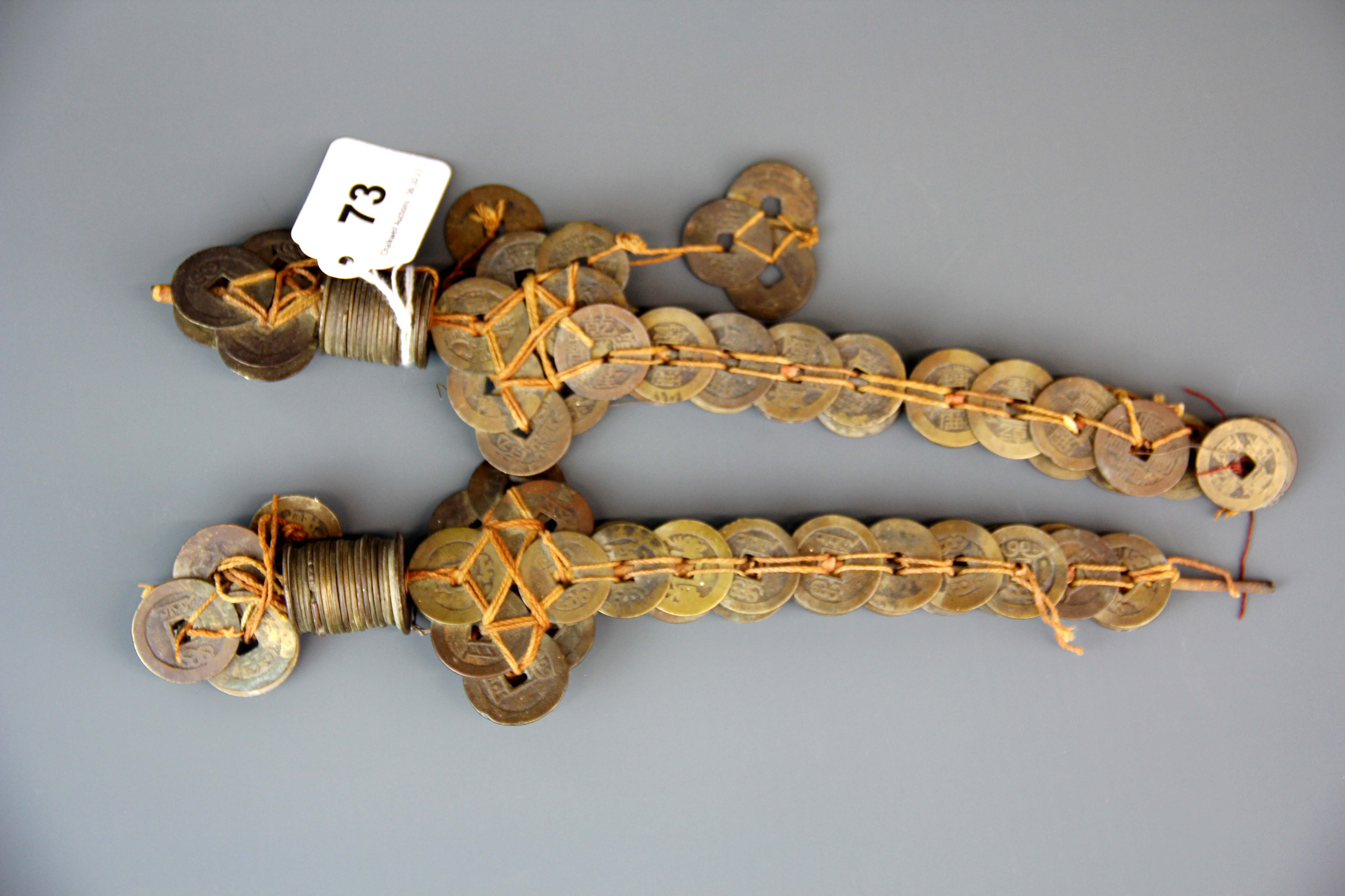 A pair of antique Chinese coin swords, L. 28cm.