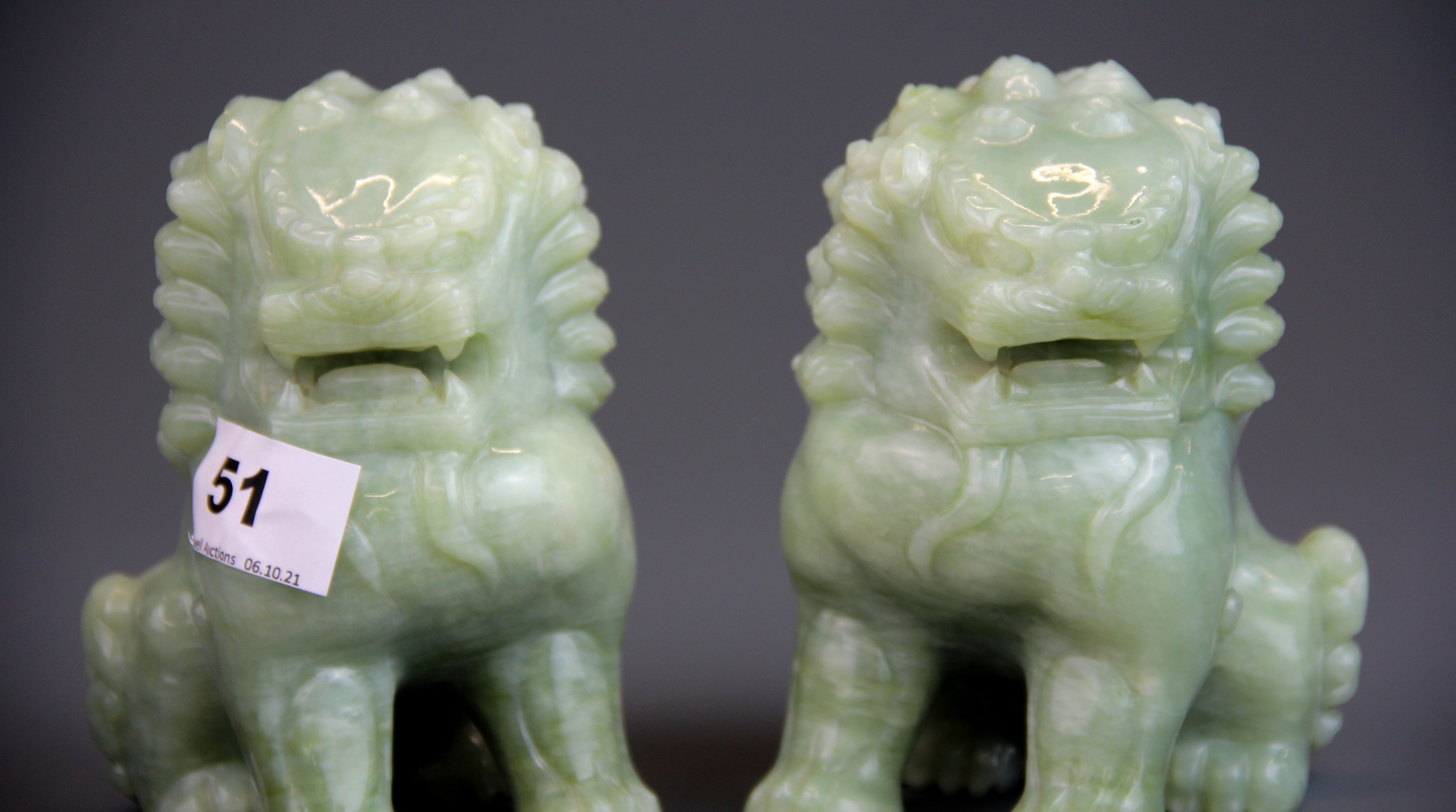 A pair of Chinese carved jade / hardstone figures of lions, H. 13. - Image 4 of 4