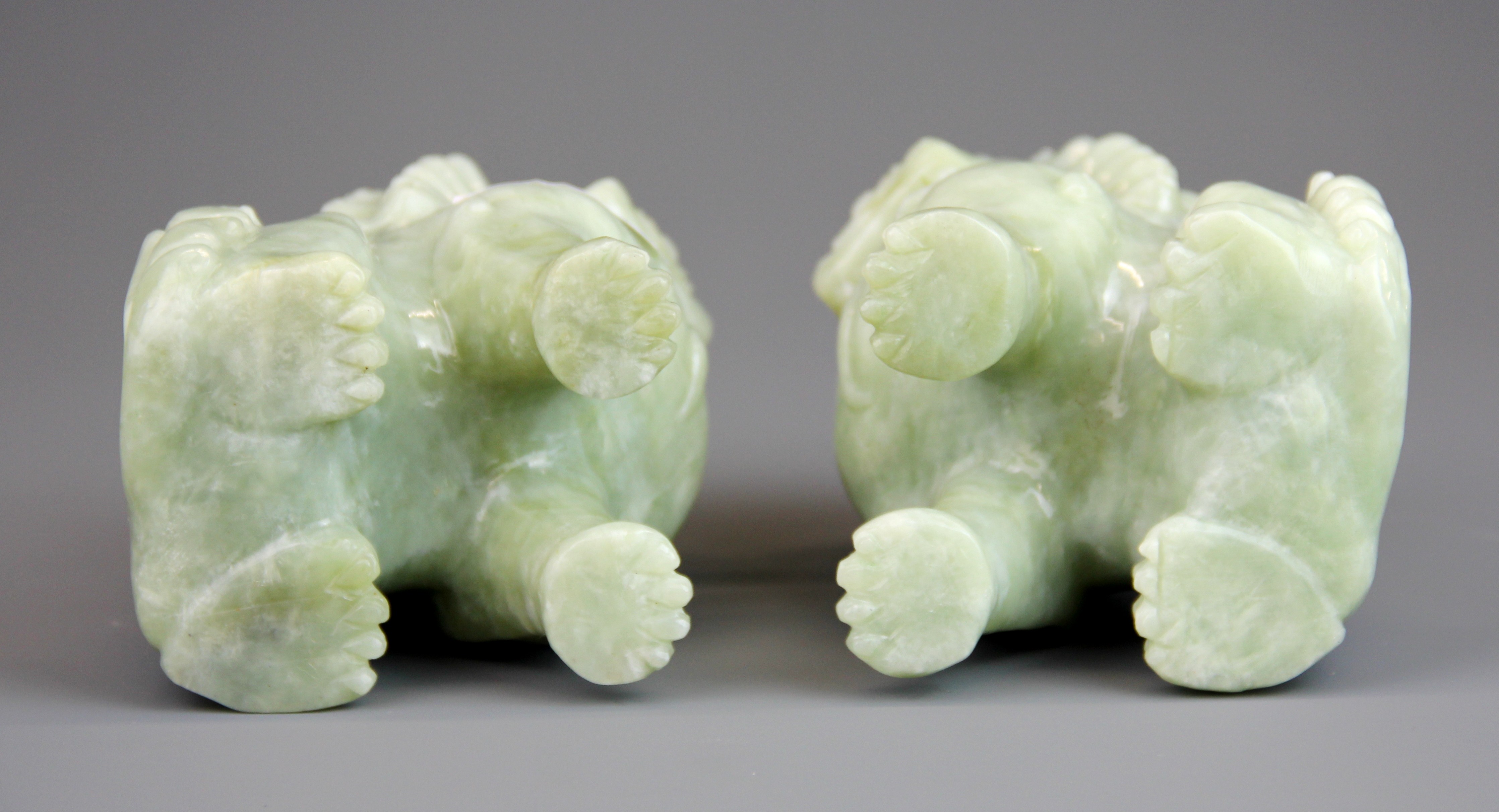 A pair of Chinese carved jade / hardstone figures of lions, H. 13. - Image 3 of 4