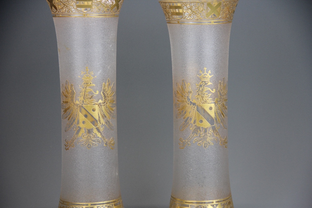 A lovely pair of French frosted and gilt armorial glass vases, H. 27cm. - Image 2 of 2