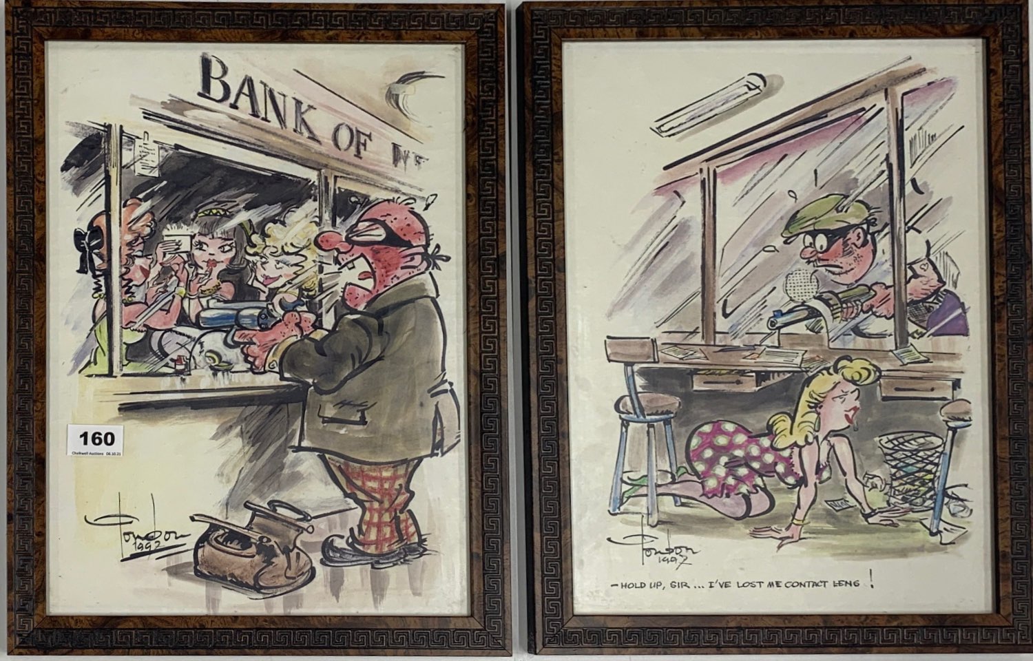 Two framed original bank robber cartoons c. 1997, frame size 35 x 45cm.