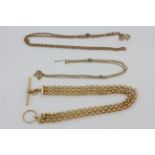 Two 9ct yellow gold chains (a/f) together with a 9ct gold T bar bracelet.