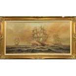 A large gilt framed oil on canvas of a historic naval battle scene with indistinct signature, 140