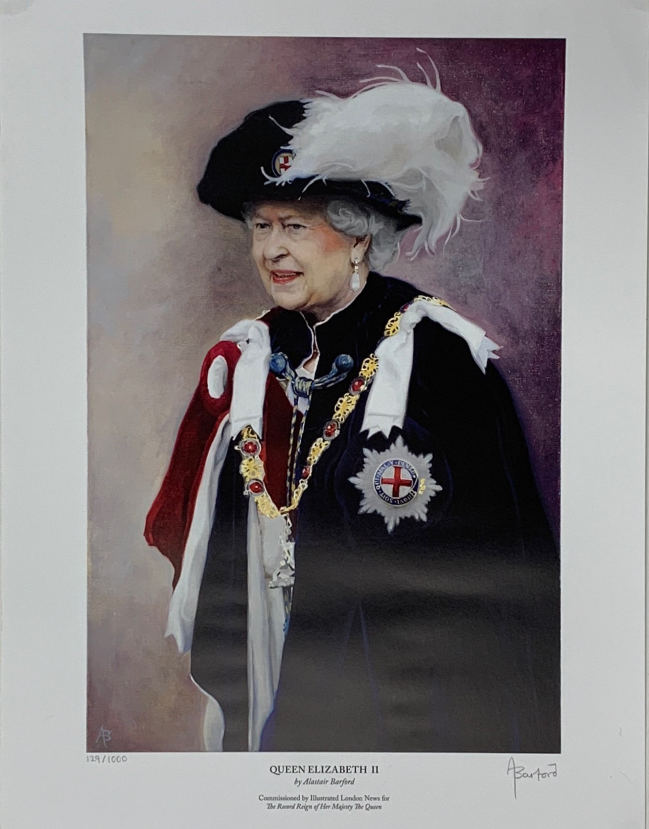 An unframed limited edition 129/1000 lithograph of Her Majesty Queen Elizabeth II pencil signed by