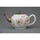 An early Chinese porcelain teapot with white metal replacement spout and lid, H. 12cm.