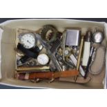A box of mixed watches and other items.