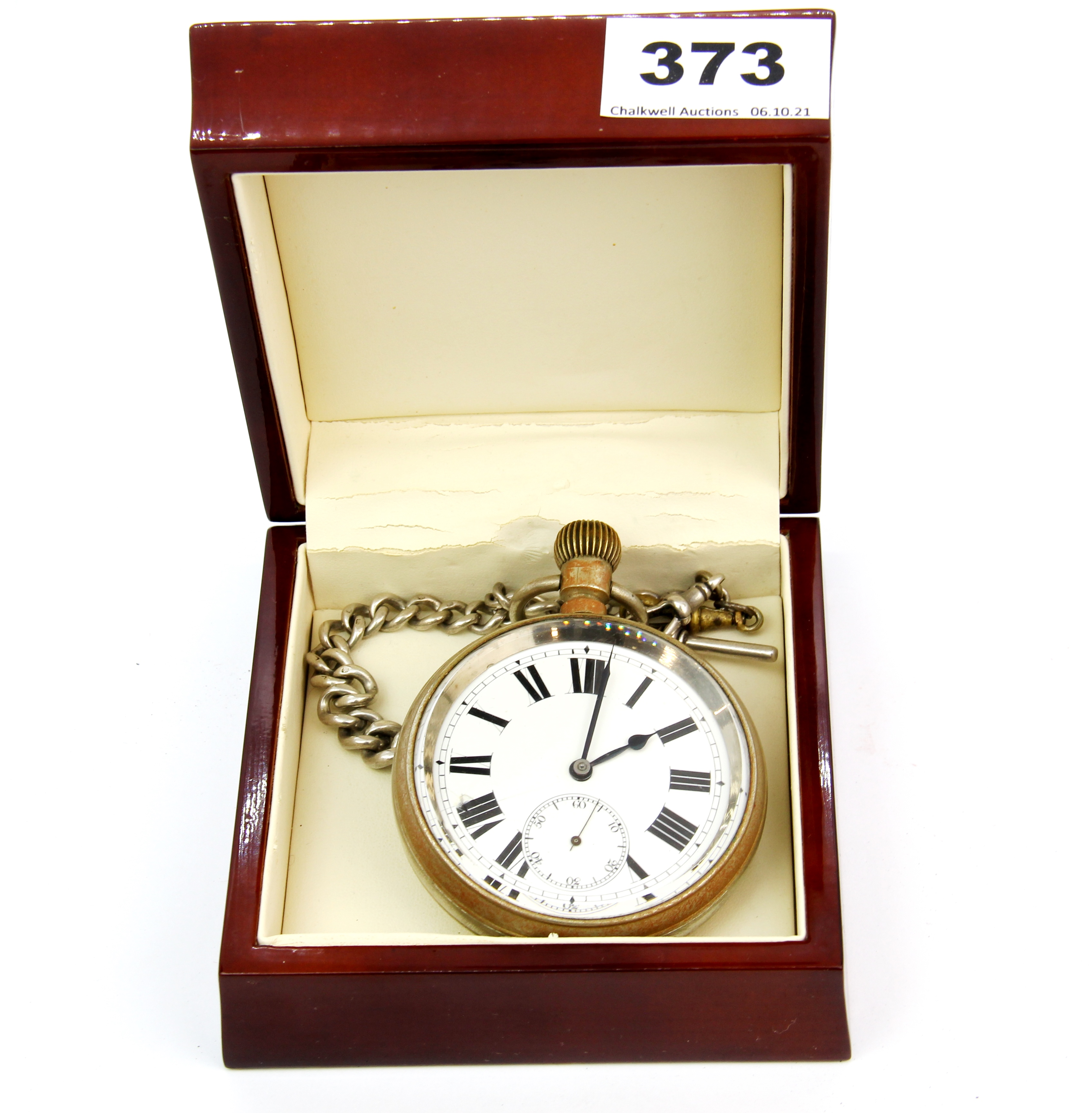 A Goliath pocket watch with a hallmarked silver chain, understood to be in working order.