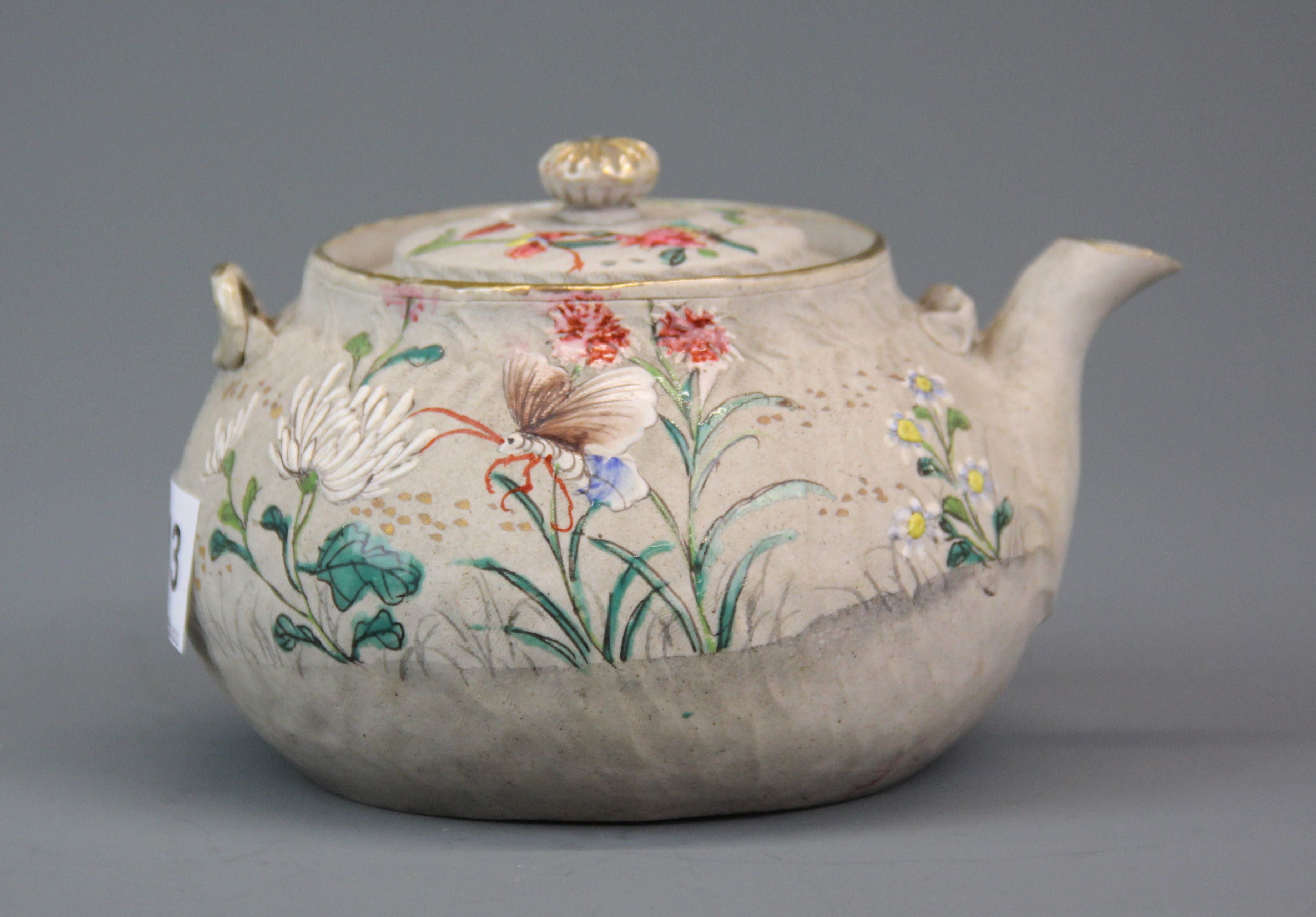 An early 20th Century Chinese enamelled grey pottery tea pot, L. 14cm. H. 9cm. - Image 2 of 4