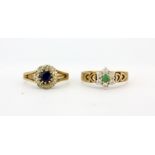 A 9ct yellow gold sapphire and diamond set cluster ring, together with a 9ct gold emerald and