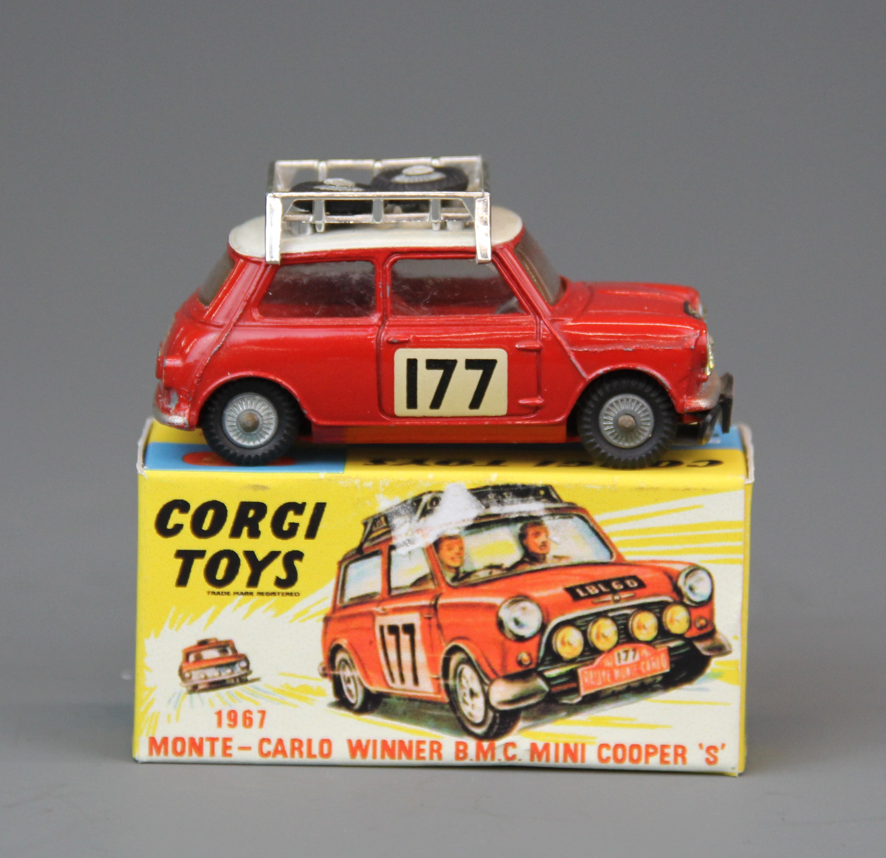 A Corgi toys 1967 Monte Carlo winner BMC Mini Cooper S with replacement box