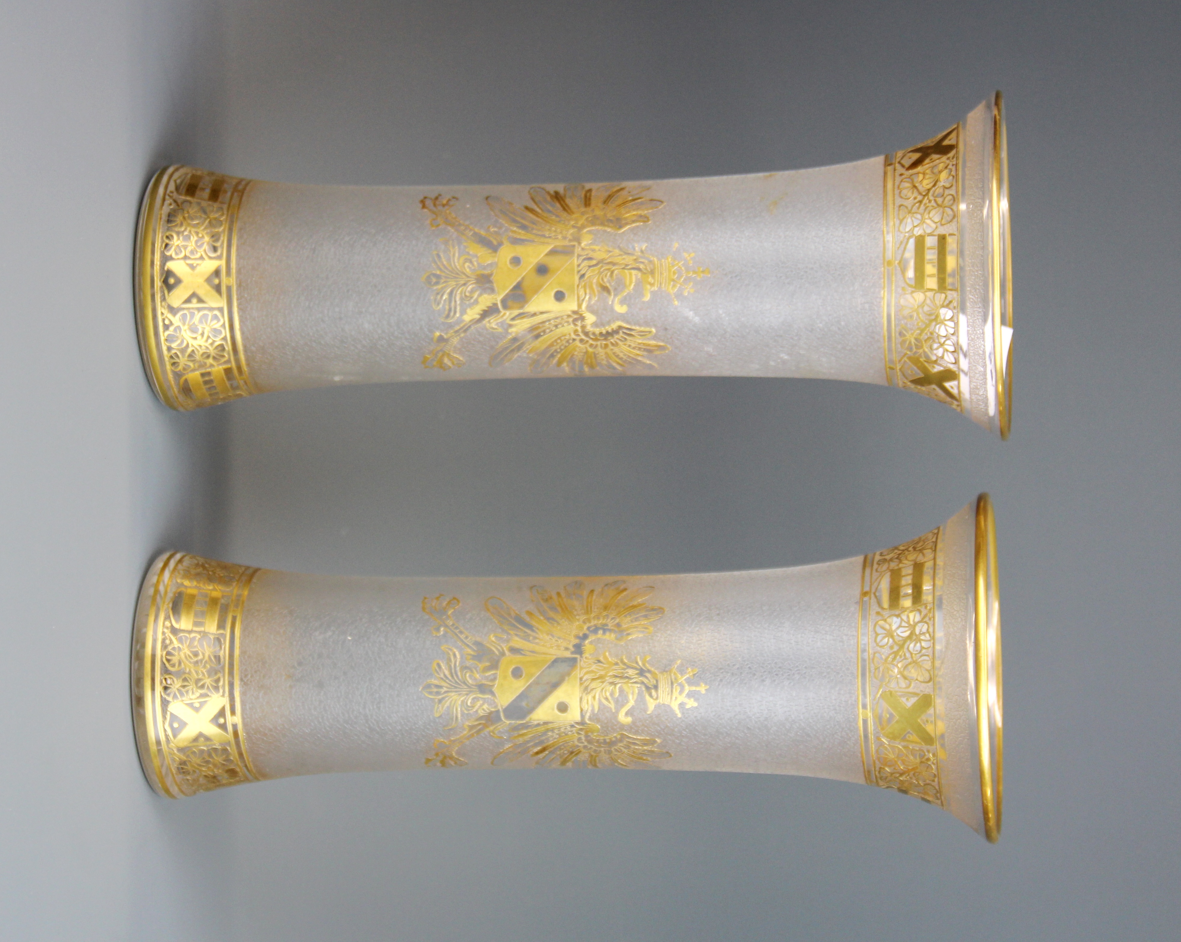 A lovely pair of French frosted and gilt armorial glass vases, H. 27cm.