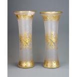A lovely pair of French frosted and gilt armorial glass vases, H. 27cm.