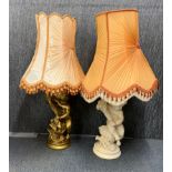 Two large vintage 'chalk' cherub table lamps with shades, overall H. 109cm.