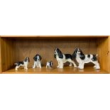 A group of five black and white porcelain dogs, including Beswick and Sylvac