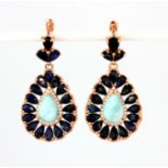 A pair of 925 silver rose gold gilt drop earrings set with cabochon cut larimar and pear cut