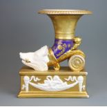 A continental gilt porcelain wild boar cornucopia, H. 29cm.