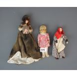 Three small antique dolls, biggest 20cm.