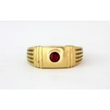 A gentleman's 14ct yellow gold (stamped 585) ruby set ring, (V).