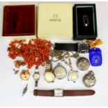 A box of mixed watches etc, together with an empty Omega box.