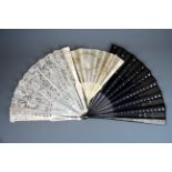 A Victorian carved mother of pearl and lace fan (A/F), L. 30cm, together with two further 19th