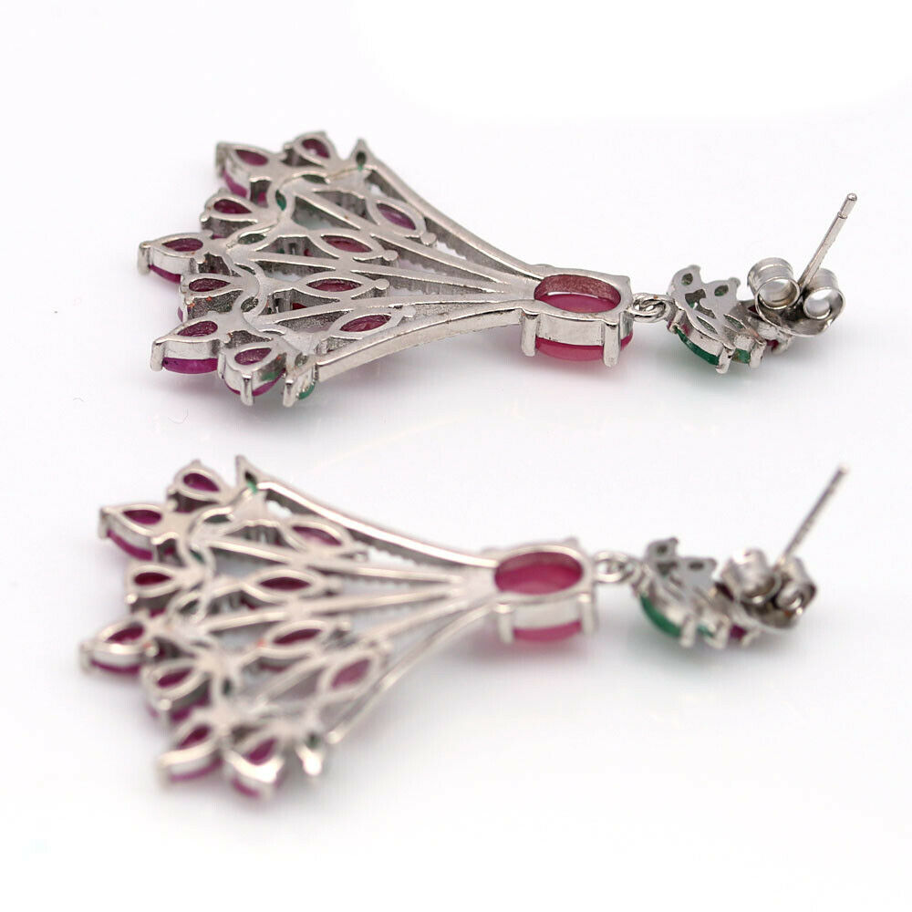 A pair of 925 silver drop earrings set with rubies and emeralds, L. 4.6cm. - Image 2 of 2