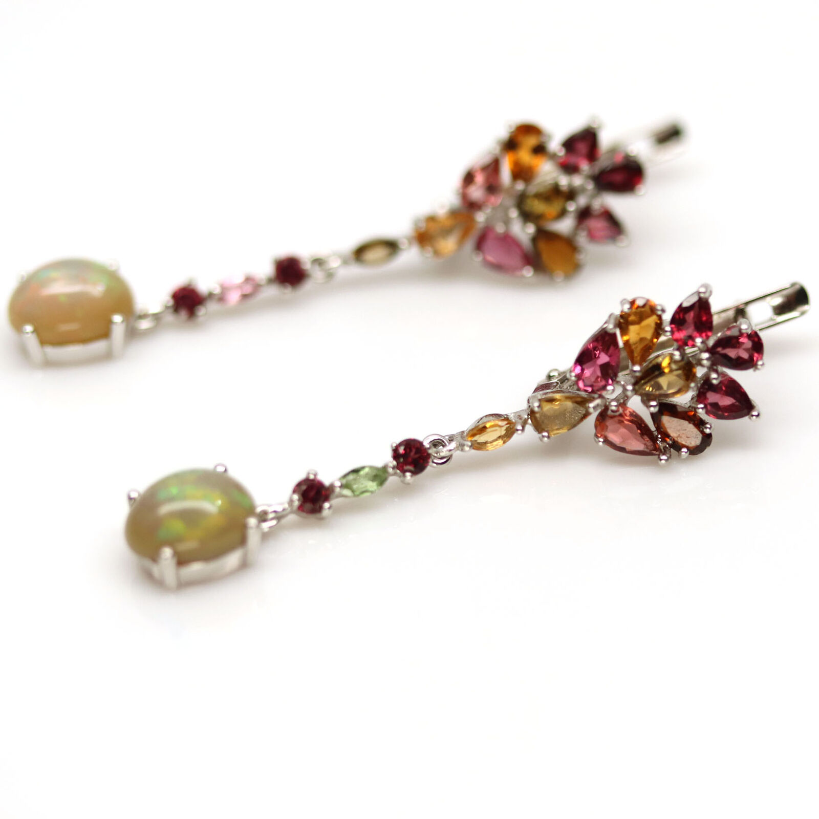 A pair of 925 silver drop earrings set with cabochon cut opal and mixed colour tourmalines, L. 5cm. - Image 2 of 3