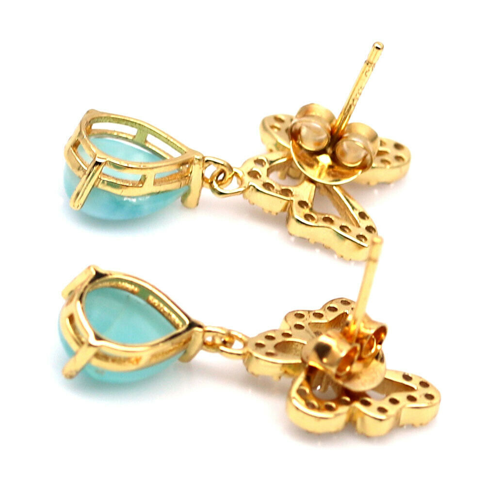 A pair of 925 silver gilt drop earrings set with pear cabochon cut larimar and white stones, L. 2. - Image 3 of 3