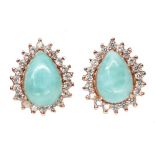 A pair of 925 silver rose gold gilt stud earrings set with pear cut larimar surrounded by white