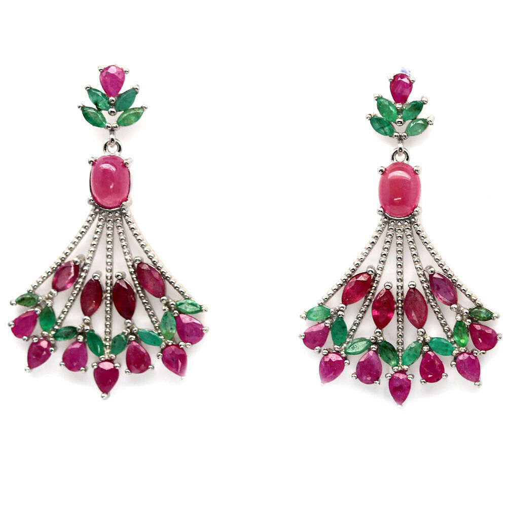 A pair of 925 silver drop earrings set with rubies and emeralds, L. 4.6cm.