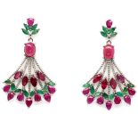 A pair of 925 silver drop earrings set with rubies and emeralds, L. 4.6cm.