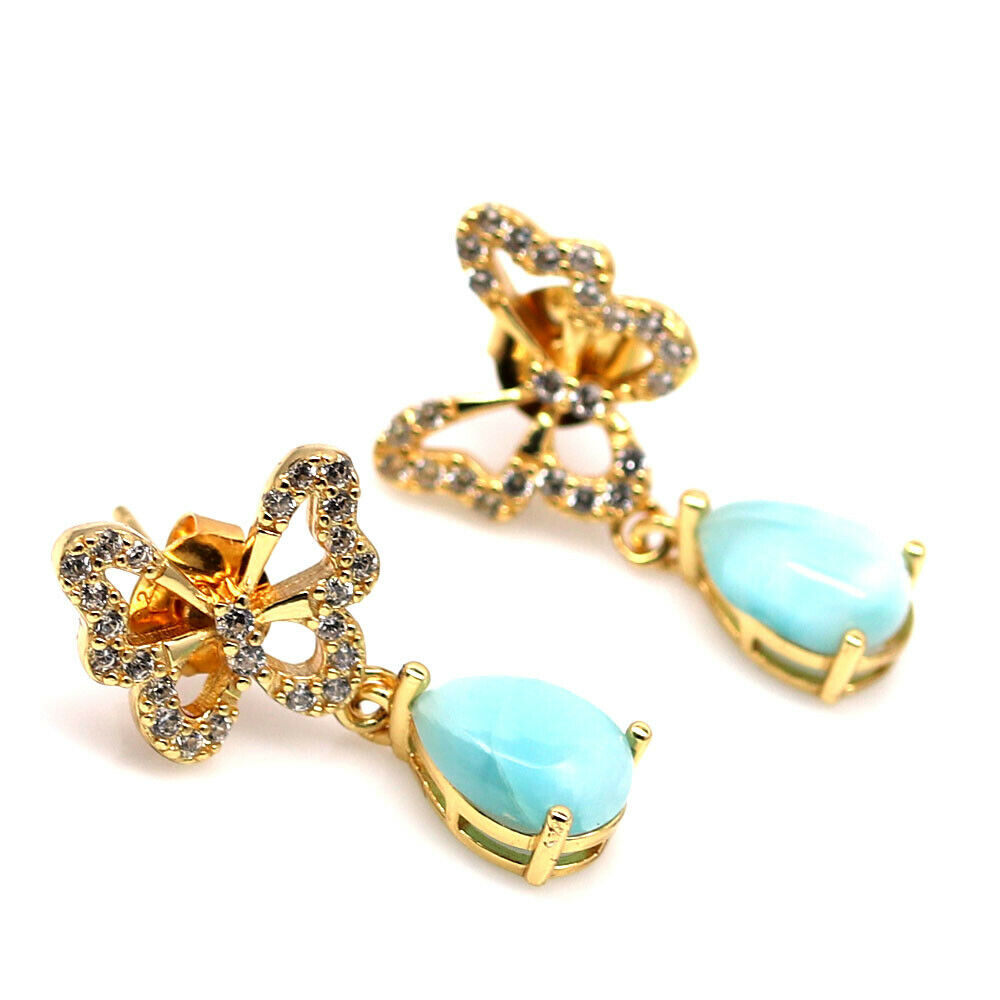 A pair of 925 silver gilt drop earrings set with pear cabochon cut larimar and white stones, L. 2. - Image 2 of 3